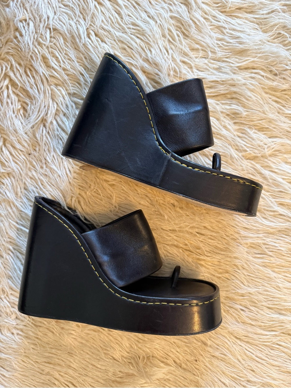 Miista Black Leather Platform Wedge Slide Sandals